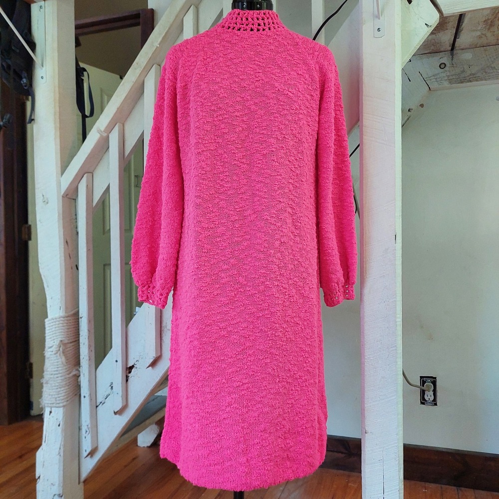 Jane Vintage Hot Pink Knit Midi Dress Knit Mock Neck Balloon Sleeve 1960's